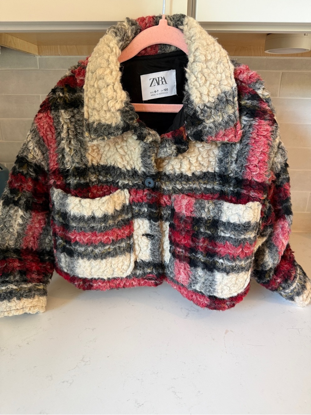 Zara Plaid Faux-Sherpa Coat in Cream, Red & Gray